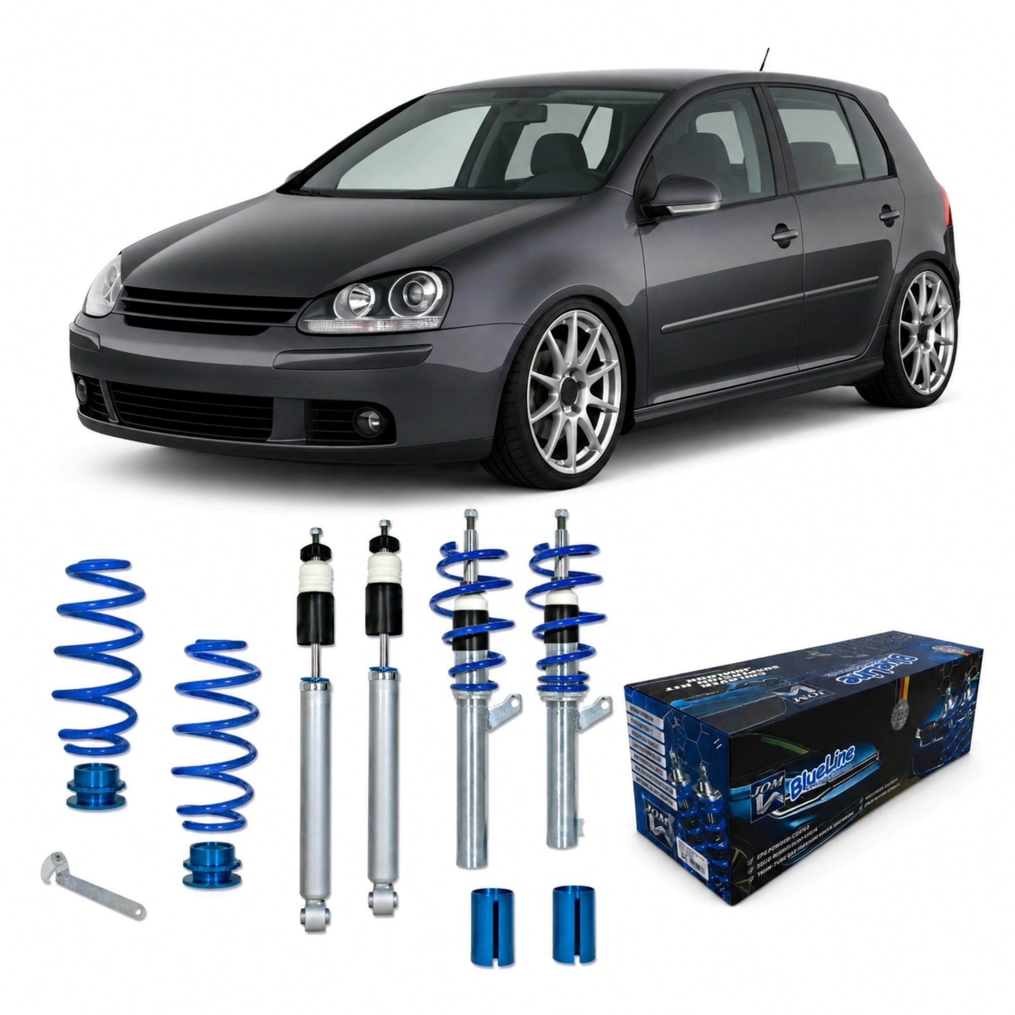 BlueLine Gewindefahrwerk passend für VW Golf 5 1.9TDi / DSG, 2.0TDi / DSG für Fahrzeuge mit 50 und 55 mm Federbein, auße