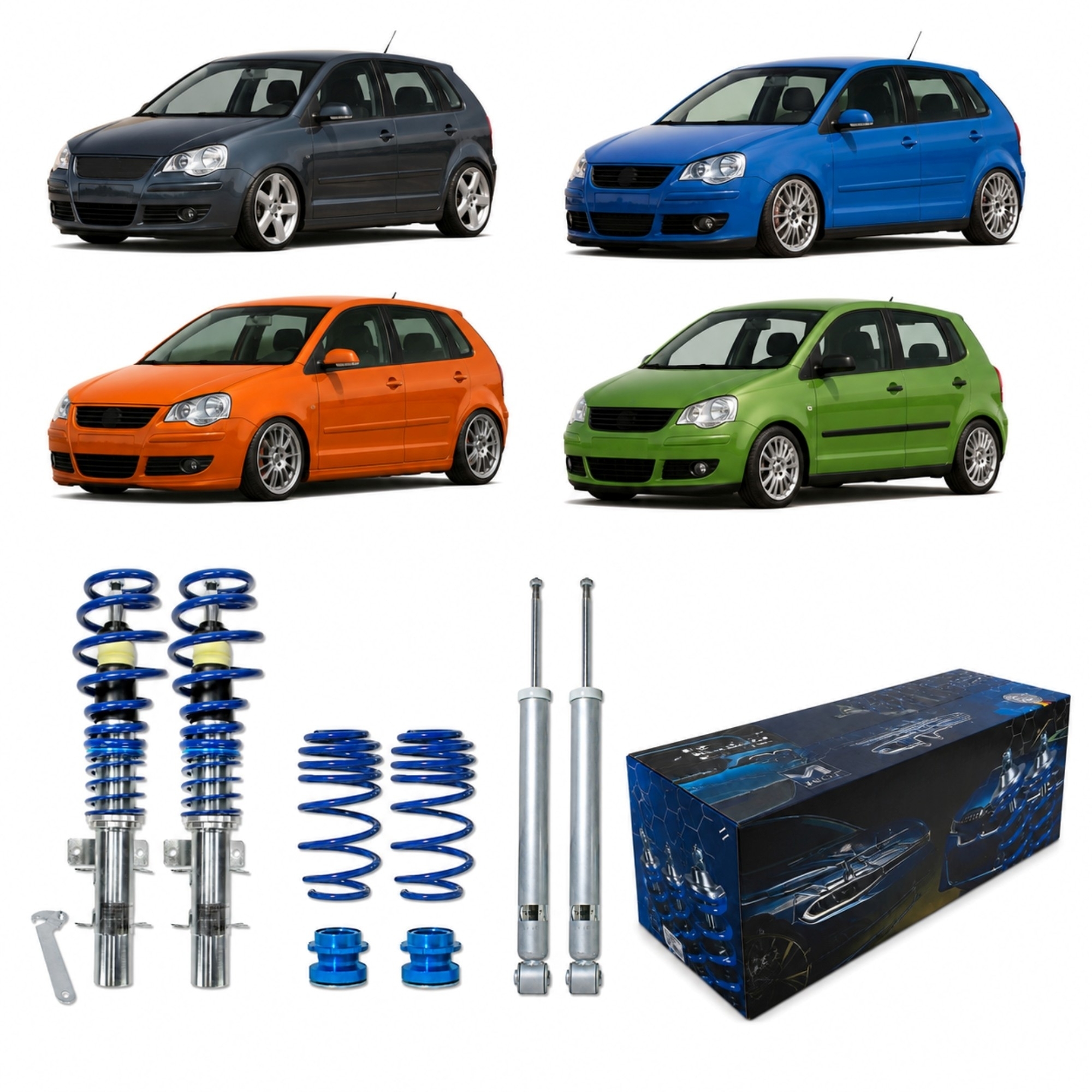 BlueLine Gewindefahrwerke passend für VW Polo 9N, 9N2, 9N3 und Fox 5Z 1.2, 1.4, 1.6, 1.8T, 1.4 TDi, 1.9SDi, 1.9TDi, Bauj